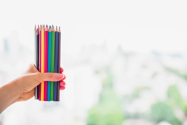 Female hand holding set of colored pencils against blurred background