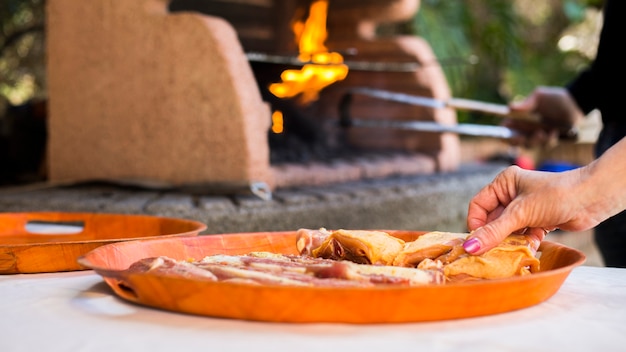 Free photo female hand holding uncooked chicken for grilling