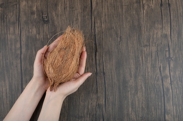 Free Photo female hands holding single ripe coconut on wooden surface