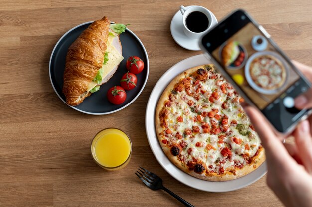 Female hands taking photo of a sliced pizza and a croissant with cheese