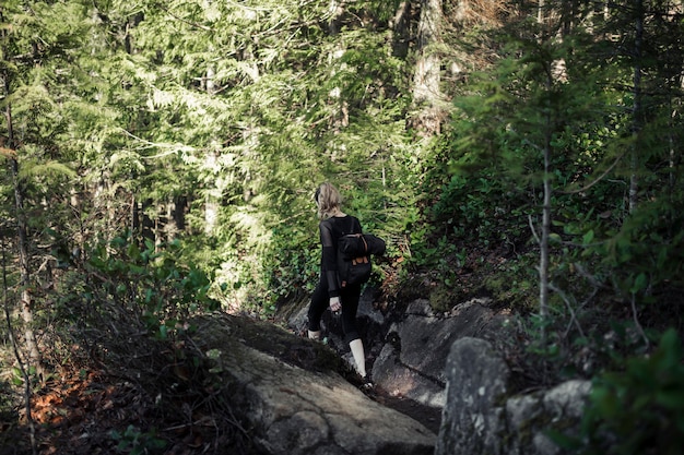 Female hiker walking hiking in forest