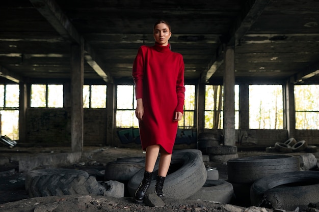 Female model being photographed with grunge environment during urban exploration