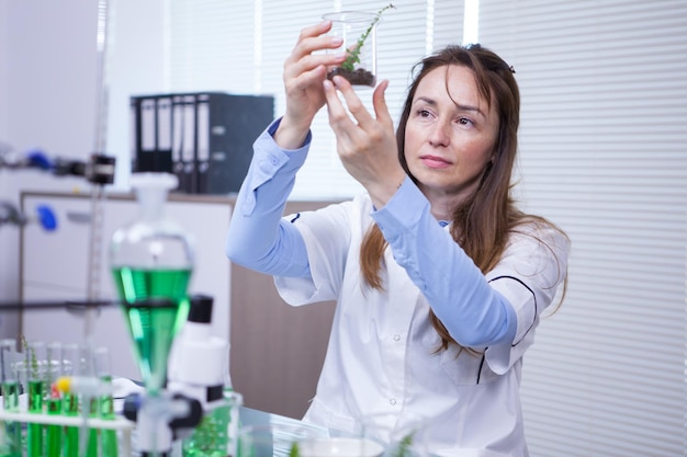 Female scientist holding up a sample of soil in a agriculture research lab. Test tubes.