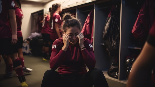 Female soccer player crying after match