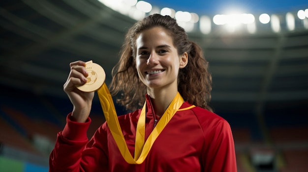 Female spanish soccer player with gold medal