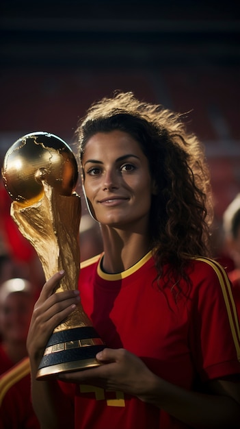 Free photo female spanish soccer player with world cup trophy at the stadium