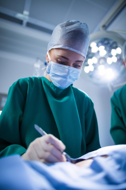 Female surgeon performing operation in operation theater