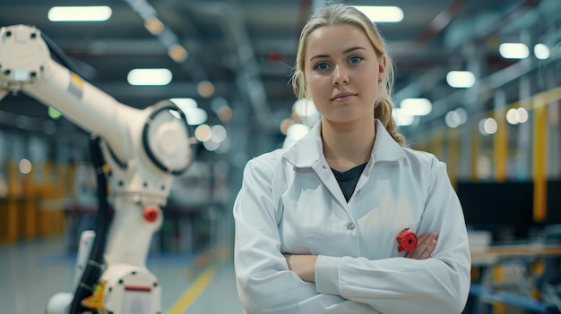 Free photo a female technician in a factory setting a robotic arm with a red emergency stop button in the foreground