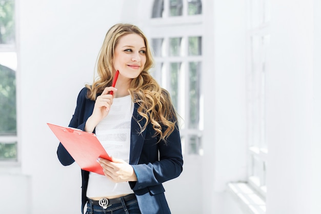 female worker against office