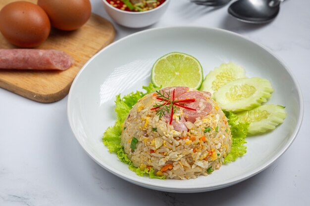 Fermented pork fried rice served with fresh cucumber