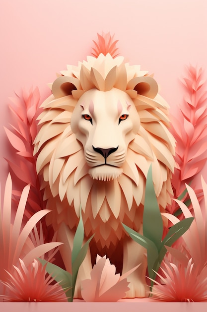 Free Photo ferocious lion with leaves background