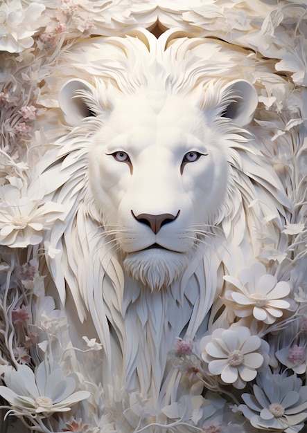 Free photo ferocious lion with leaves background