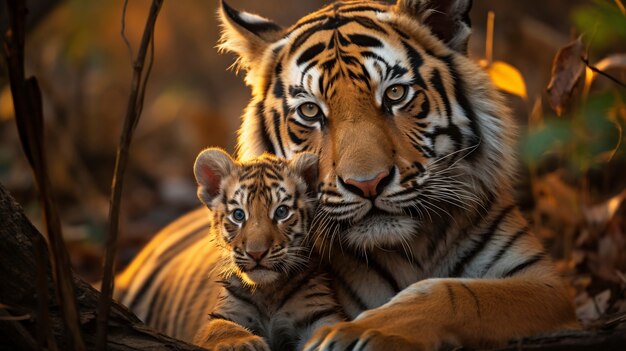 Ferocious tiger family in nature