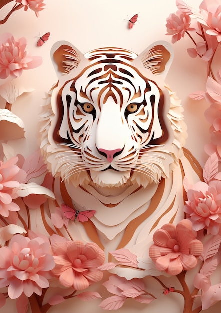 Free photo ferocious tiger with flowers in studio