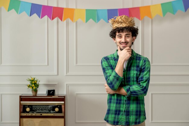 Free Photo festa junina cute young guy in straw hat with retro radio and colorful flags holding chin