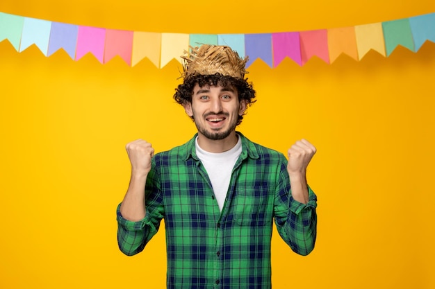 Free Photo festa junina young cute guy in straw hat and colorful flags brazilian festival excited