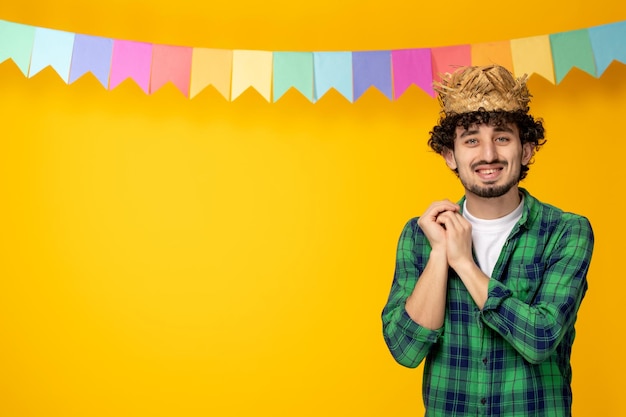 Free photo festa junina young cute guy in straw hat and colorful flags brazilian festival happy