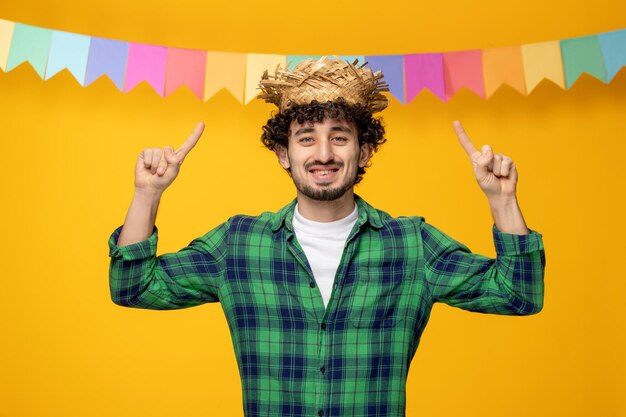 Free Photo festa junina young cute guy in straw hat and colorful flags brazilian festival pointing up