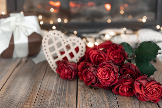 Free photo festive background for valentine39s day with a bouquet of red roses copy space