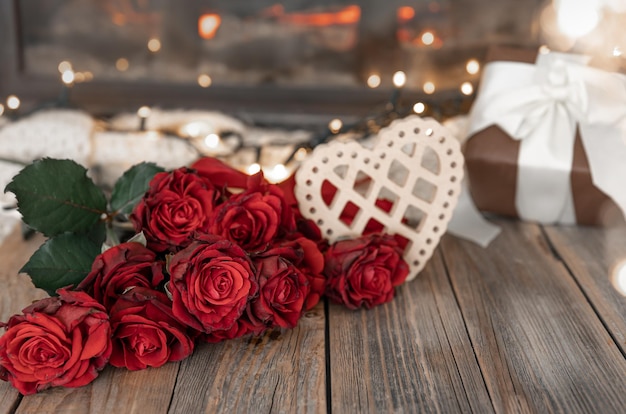 Free photo festive background for valentine39s day with a bouquet of red roses copy space