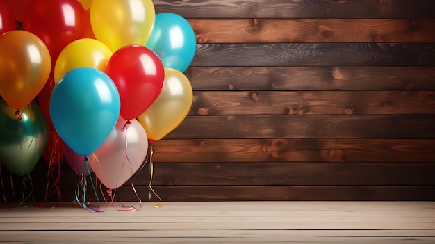 Festive carnival balloons and decor spread on a wooden table