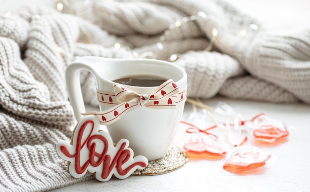 Free photo festive composition with a cup and decor details for valentines day