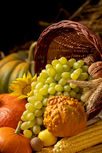 Festive cornucopia arrangement with delicious foods