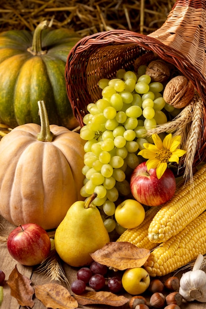 Festive cornucopia arrangement with delicious foods