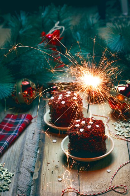 Festive dessert birthday or valentine dayred velvet cake with fireworks