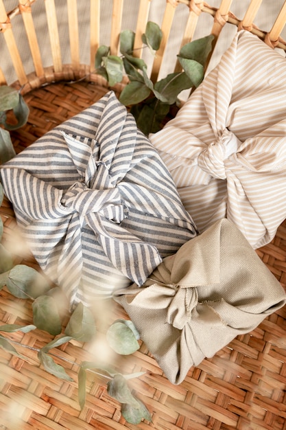 Festive still life christmas wrapped gift composition