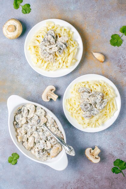 Fettucine pasta with chicken and mushrooms