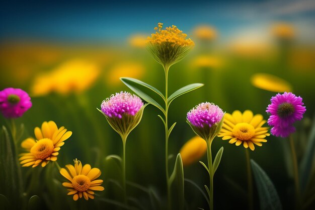 A field of flowers with a blue background