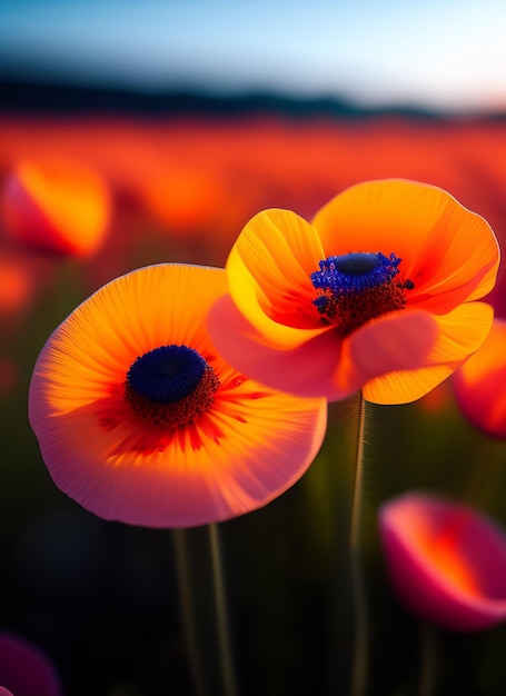 Free Photo a field of flowers with a bright orange and pink background.