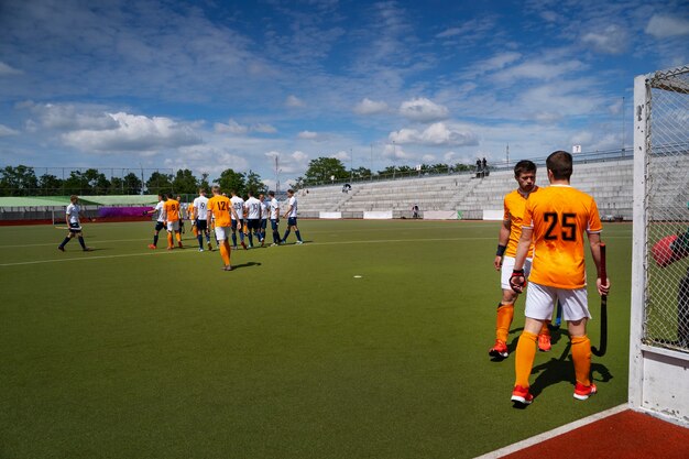 Field hockey players during a tournament game