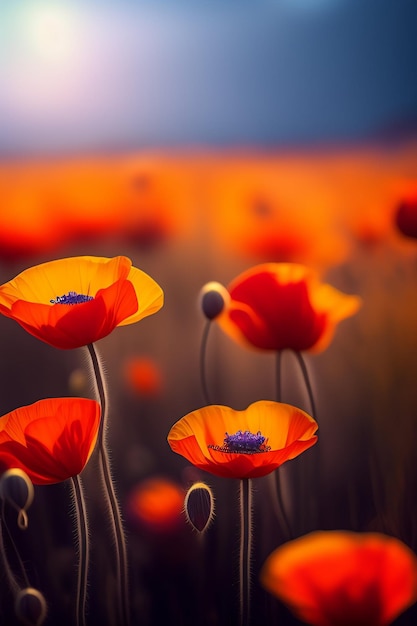 A field of red poppies with a blue background.