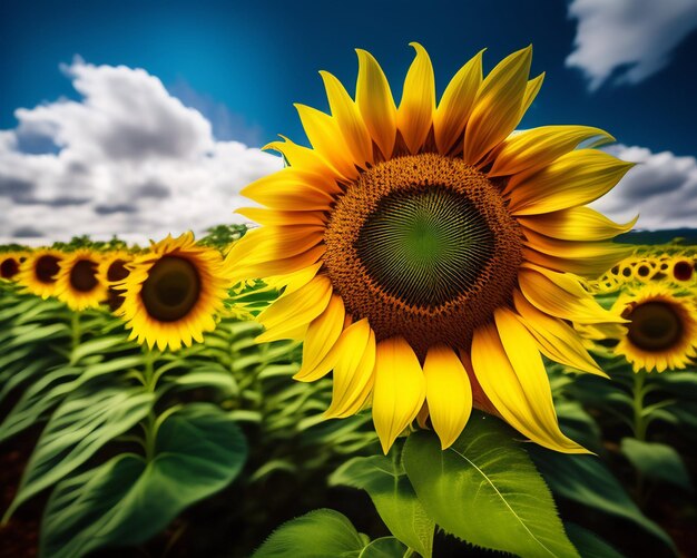 A field of sunflowers is shown with a blue sky in the background.