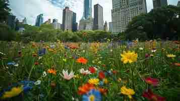 Free photo a field with flowers in the middle of a city