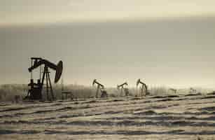 Free photo field with oil pump jacks surrounded by greenery under a cloudy sky and sunlight