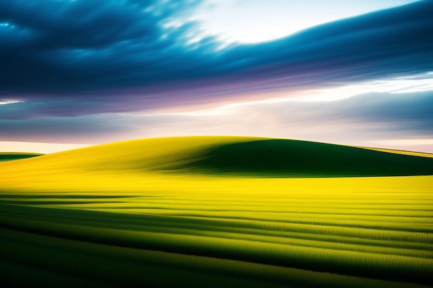 A field of yellow flowers with a cloudy sky in the background.