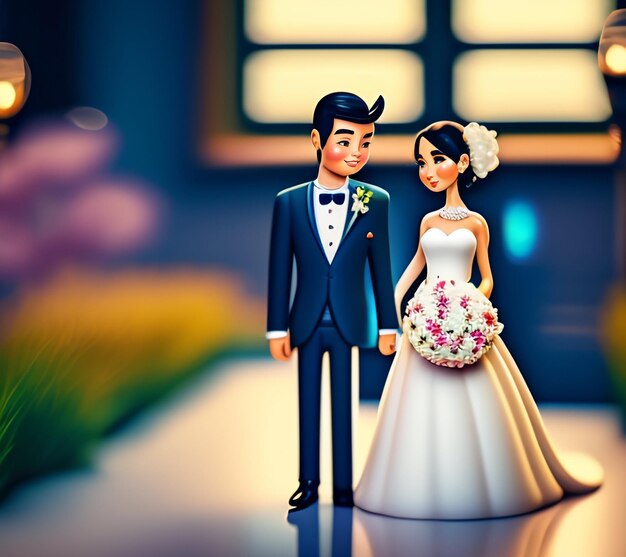 A figurine of a bride and groom with a bouquet of flowers.