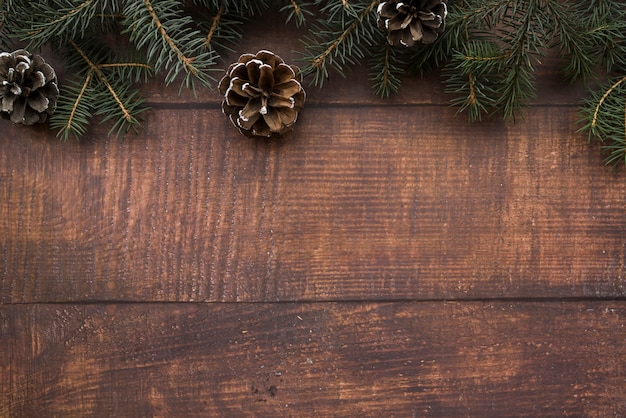 Fir twigs with snags on wooden board