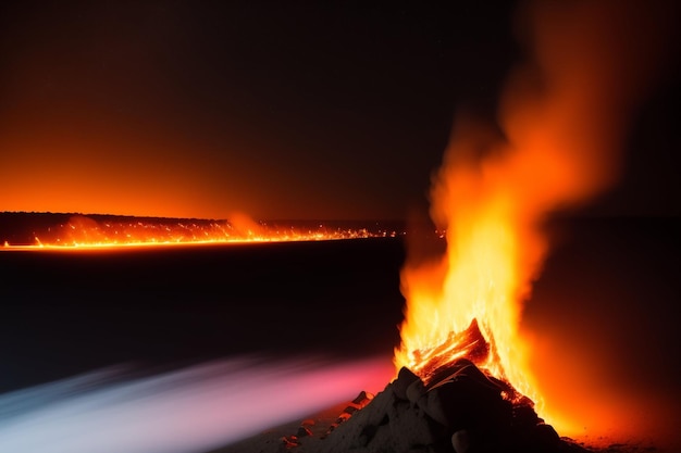 Free photo a fire burns in front of a dark background with a glowing mountain in the background.