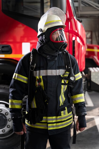 Firefighter at the station equipped with protective suit and fire mask