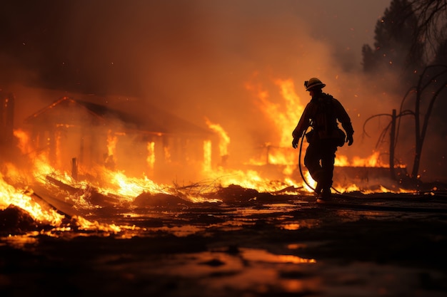 Firefighter trying to contain forest fire