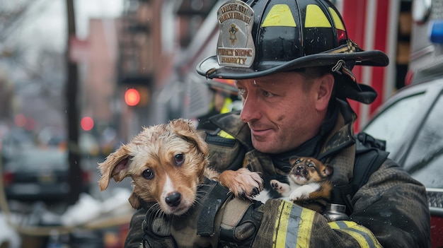 Free Photo a fireman rescuing pets from an apartment fire in the city