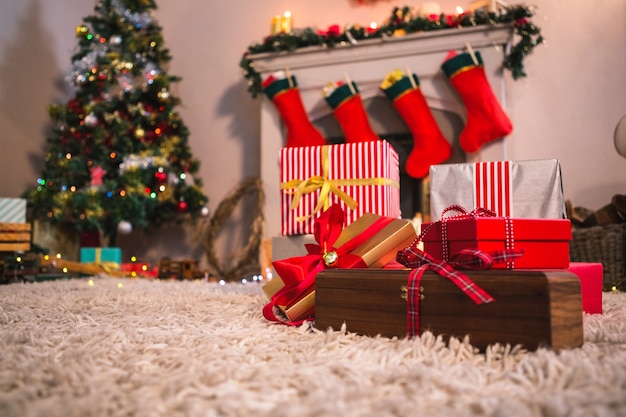 Fireplace decorated with christmas motifs