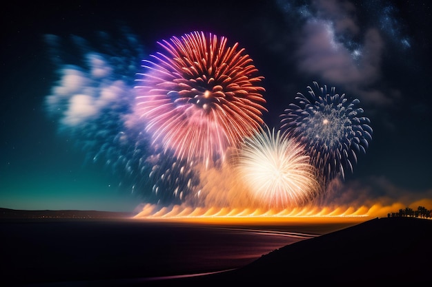 Free Photo fireworks in the night sky with a blue and red firework display.