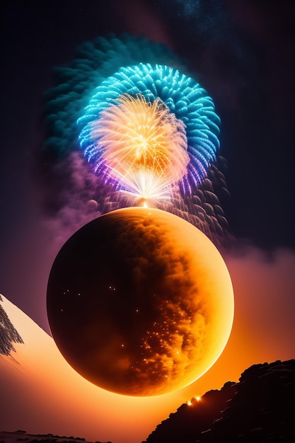 Free Photo fireworks in the sky with a planet in the background