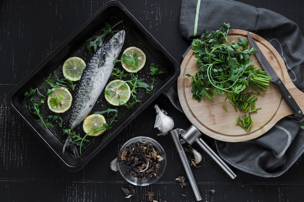 Fish near parsley and spices