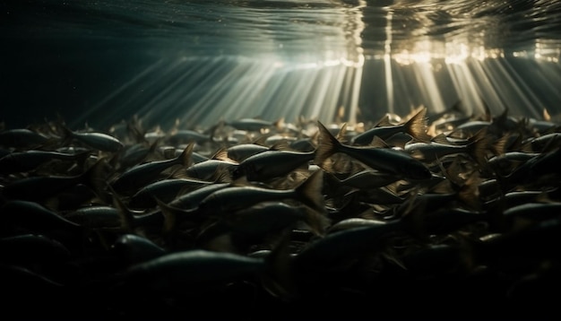 Free photo fish swimming in a pool with light shining on them